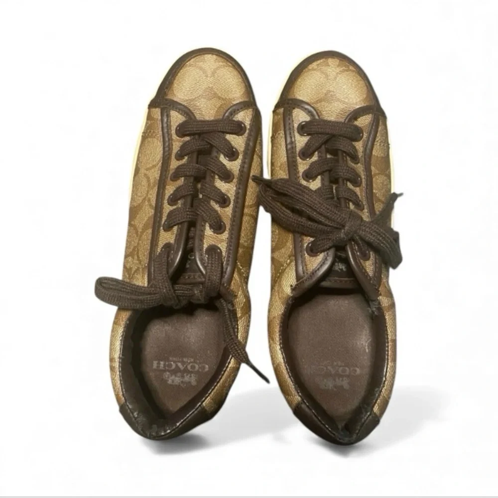 GUC USED COACH PERCY 12CM PVC/NAPPA SNEAKERS IN KHAKI/CHESTNUT - SIZE 7.5